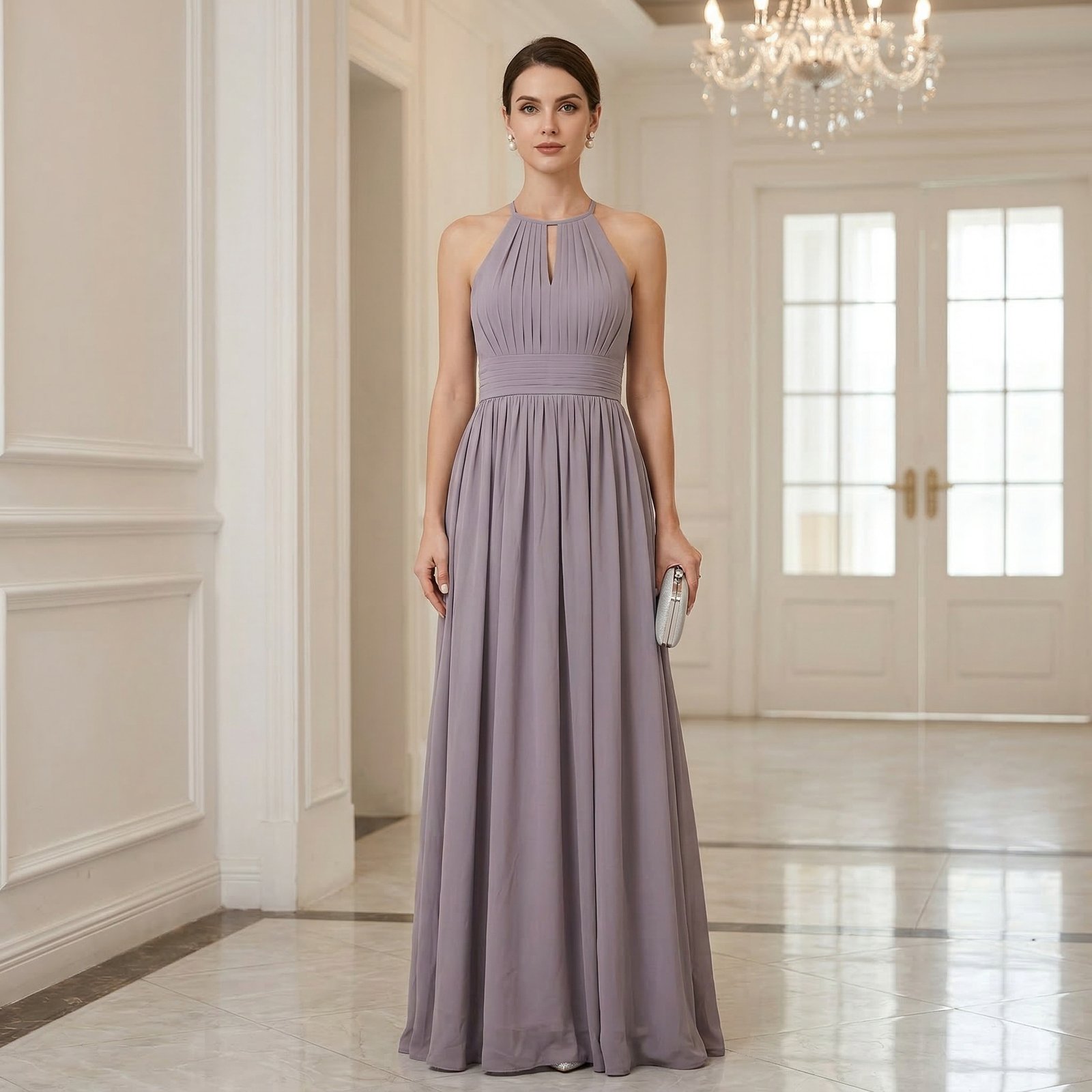 [EN] Grey Purple Halter Long Gown[CN] 灰紫色挂脖长款礼服