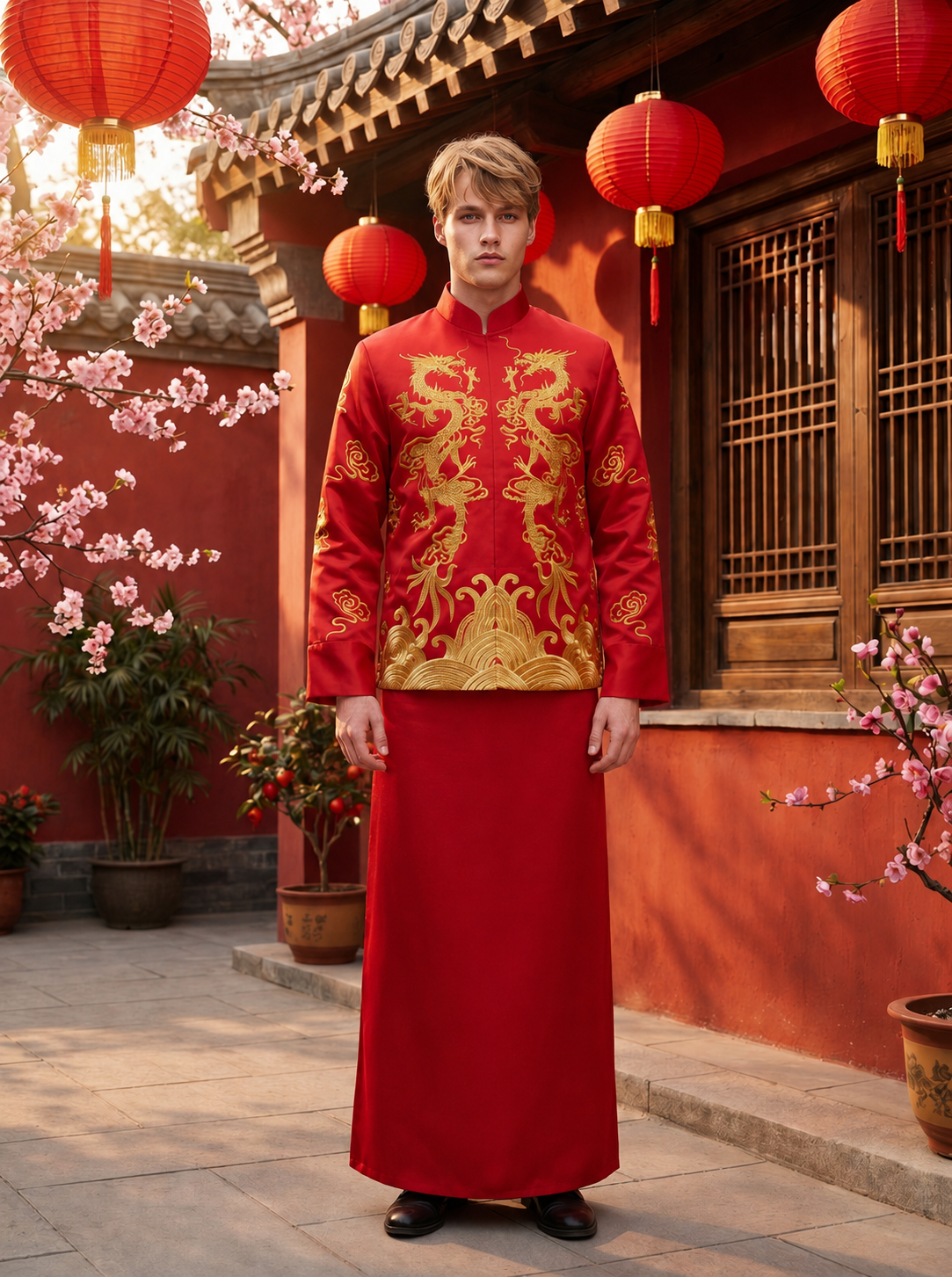 [EN] Men Chinese Red Gold Dragon Pattern Jacket Set[CN] 男士中式红金龙纹男褂套装